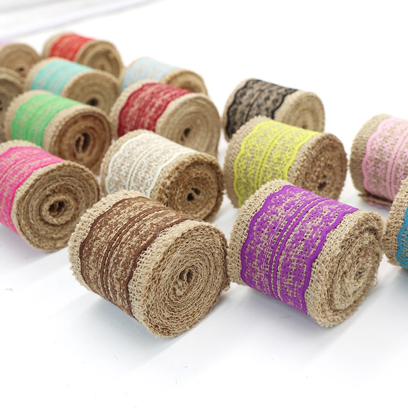589251/6CM中间蕾丝麻布卷 DIY麻布带 鲜花包装带麻带厂家批发