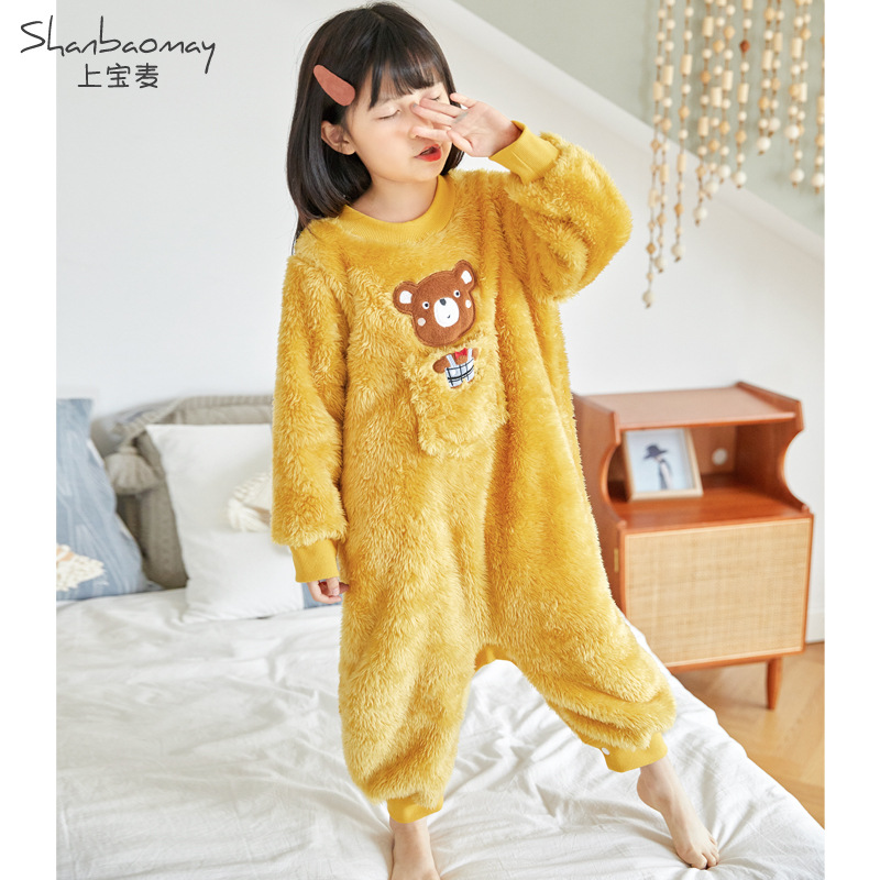 SHANGBAOMAI 가을, 겨울 어린이 원피스 잠옷 플란넬 플러시 두꺼운 산호 벨벳  잠옷 원피스 따뜻한