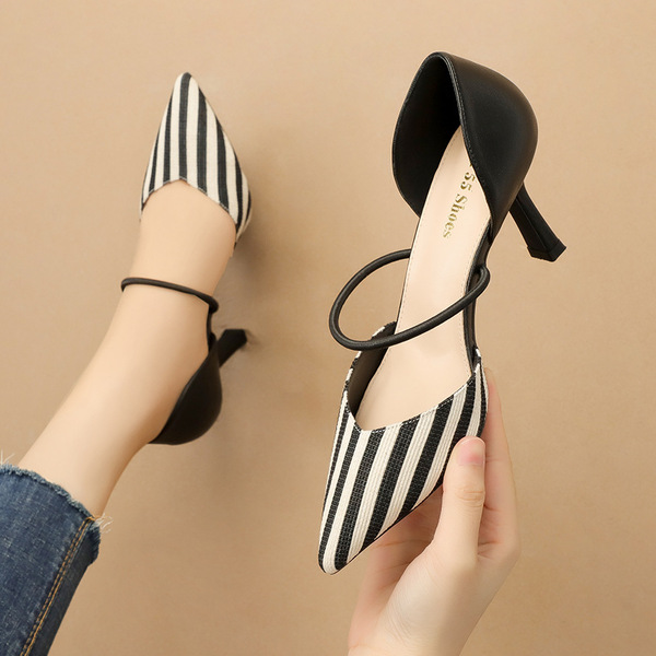 Sexy pointy striped high-heeled sandals with color block