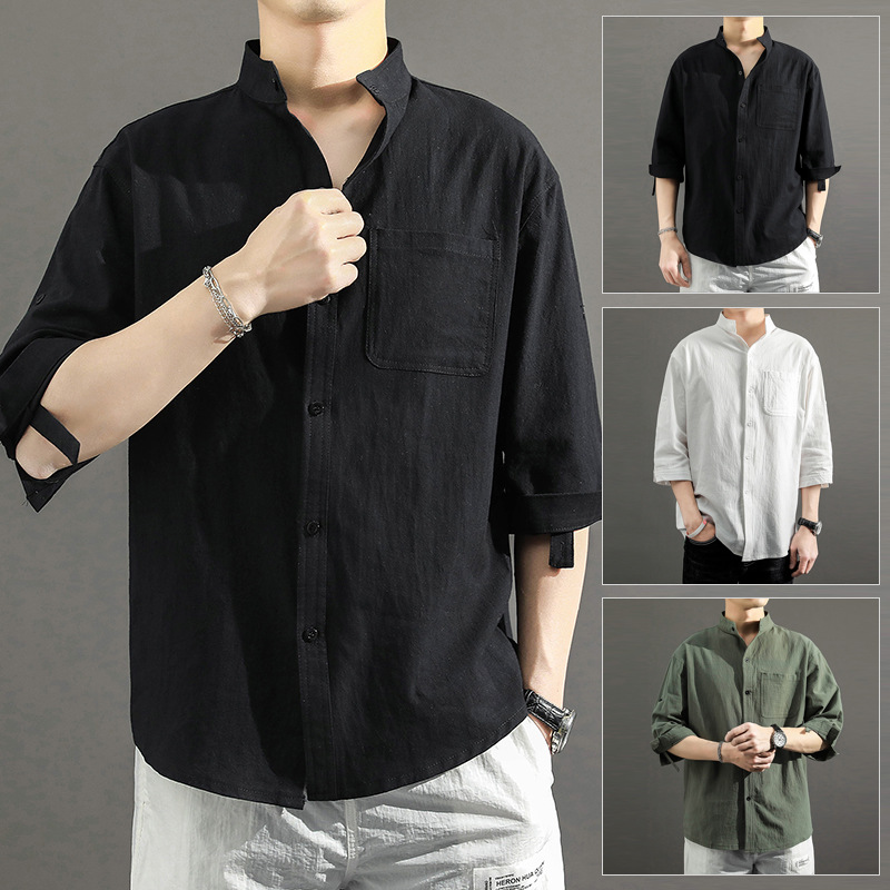 Men's cotton and linen short-sleeved shirt, summer loose fit, plus size, casual three-quarter sleeve top, wholesale for export.