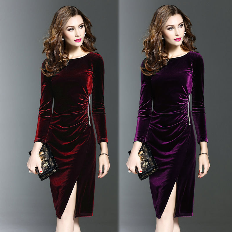 连衣裙女2020秋季韩版A字大码显瘦金丝绒裙中长款长袖纯色打底裙