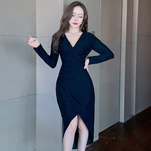 韩版女装新款修身长袖V领宴会主持晚礼服连衣裙