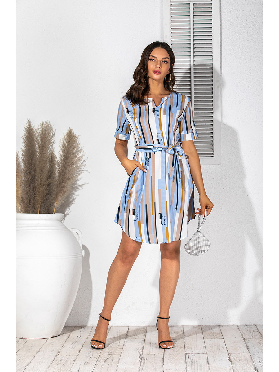   printing mid-sleeve slim-fit belted dress NSAL2925