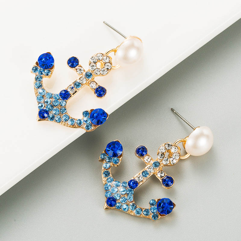 Retro Anchor Pearl Alloy Full Diamond Earrings display picture 5