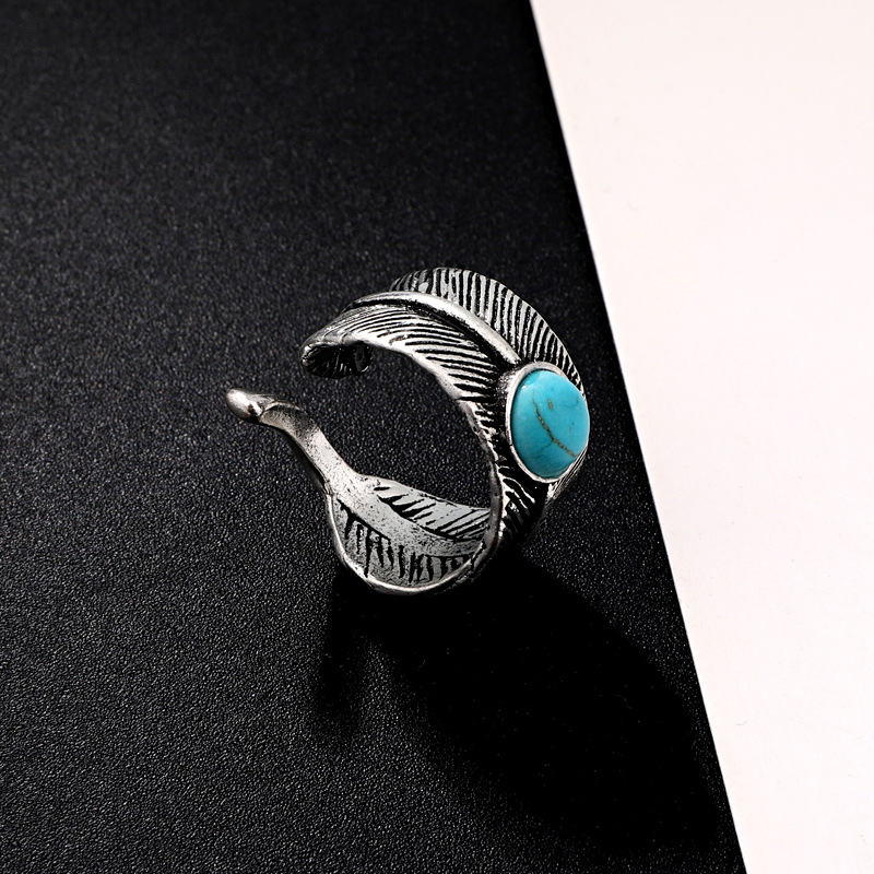 Cross-border Hot Selling Ornament European Vintage Feather Inlaid Turquoise Ring Men's Opening Ring  Burst display picture 5