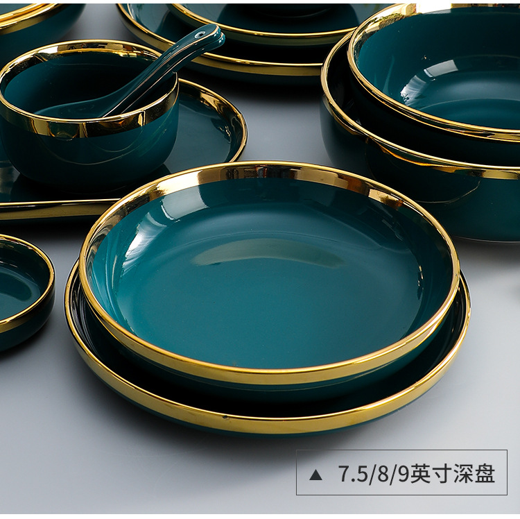 跨境陶瓷碗筷套装孔雀绿碟子餐盘陶瓷碗盘子金边餐具套装勺子批发详情18