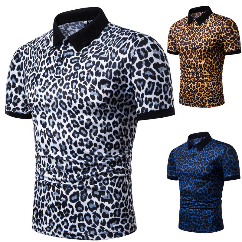 Tamaño europeo Ropa de hombre de comercio exterior 2019 hombres de verano moda Plaid leopardo impresión solapa de manga corta Camiseta polo PL18