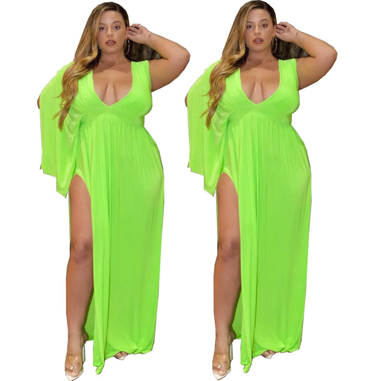 Plus Size Deep V-Neck Prom Slit Dress NSFFE110763