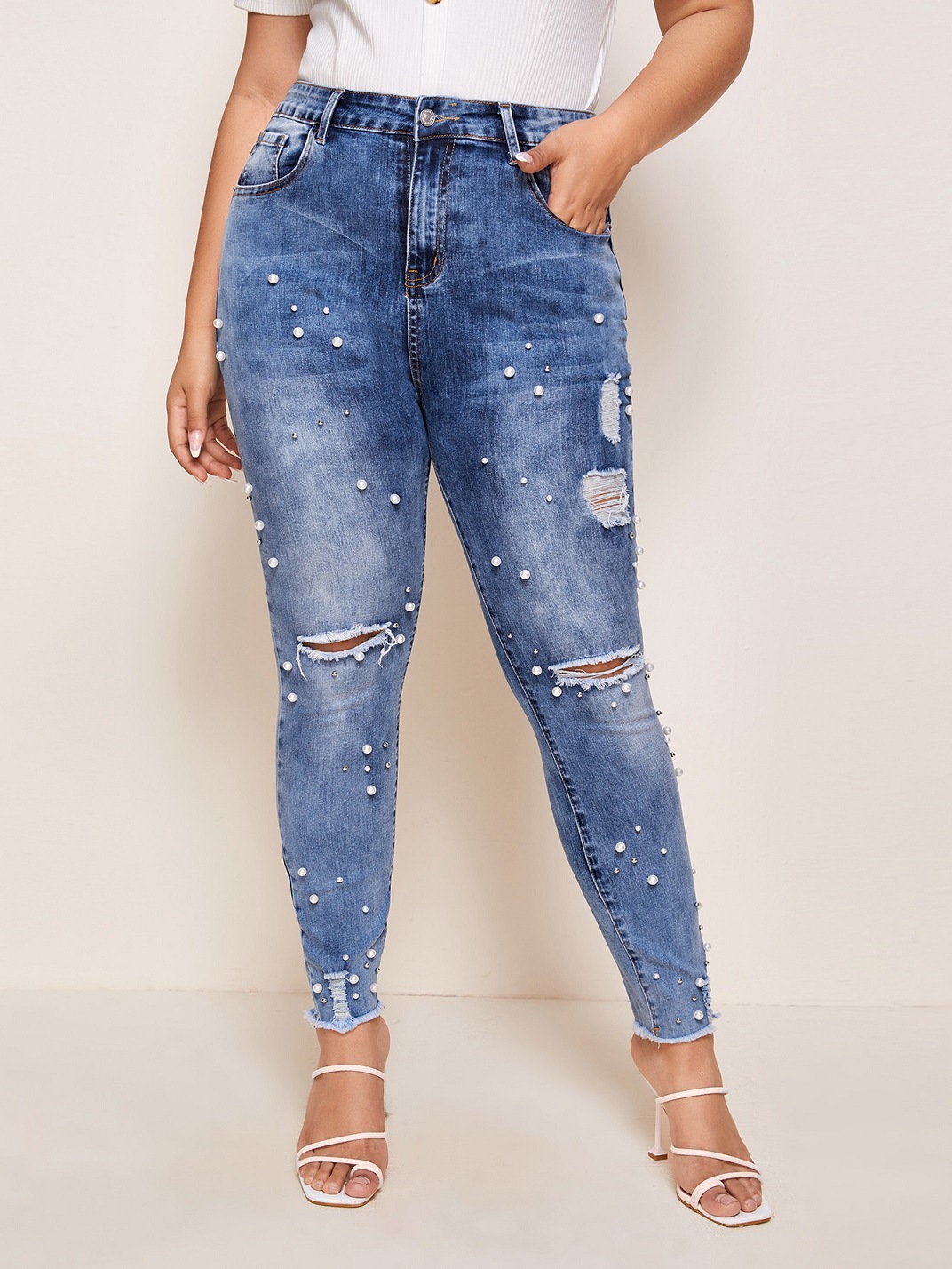 jeans de perlas con cuentas de clavos y agujeros elásticos de talla grande NSXXL128248