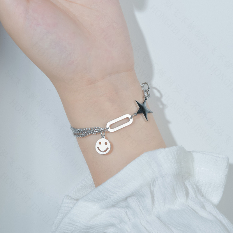 Japanese And Korean Ins Cold And Simple Smiley Face Bracelet Personality Retro Five-pointed Star Tassel Chain Bracelet Female Tide Niche display picture 1