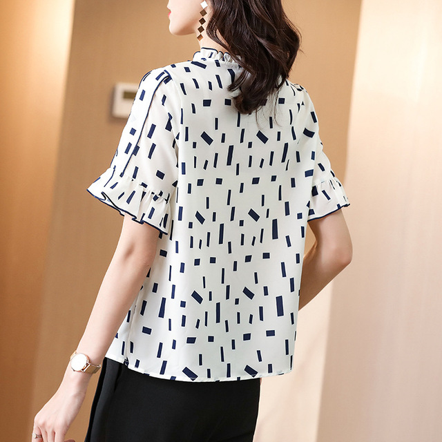 Summer White Short Sleeve Silk Shirt Top Women’s print popular all-around mulberry silk T-shirt