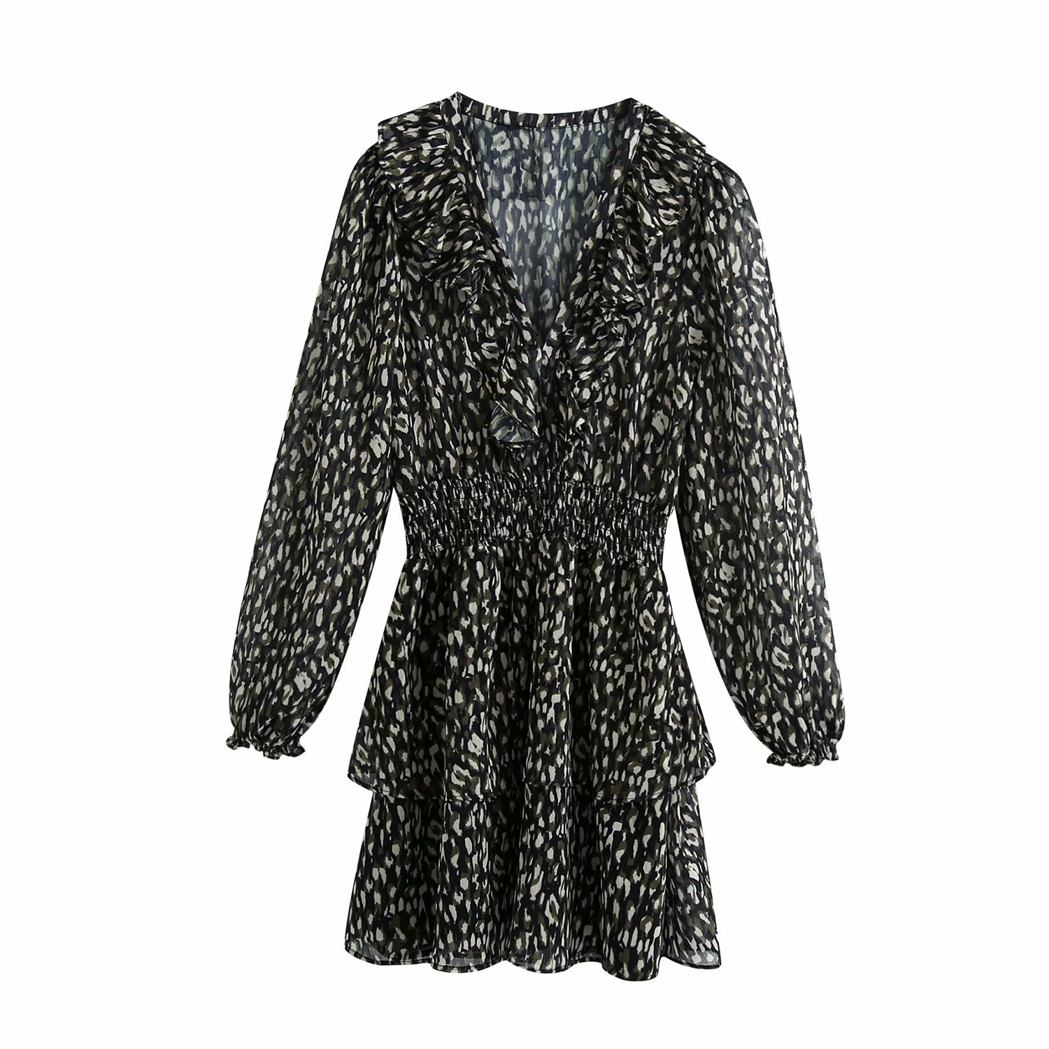 autumn animal print v-neck mini long sleeve dress  NSAM6803