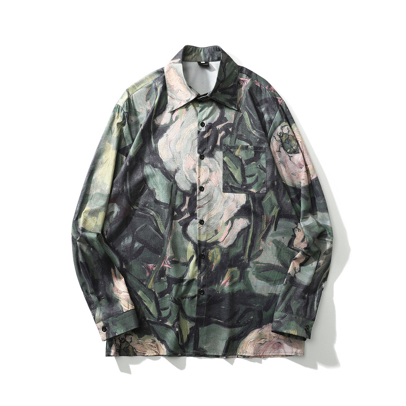 French Vintage Loose Oil Painting Print Long-Sleeve Shirt with a Retro Drape Effect, Hip-Hop Trendy Couple's T-Shirt, Retro Fashion