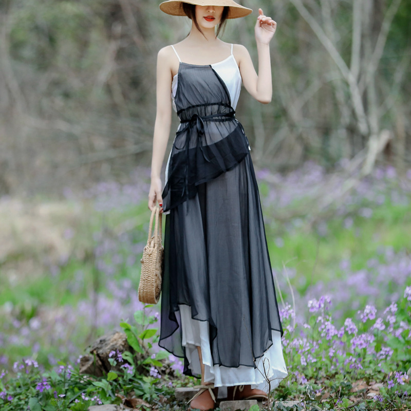 Plum Green Original Cotton and Linen Women's Dress Super Fairy Mori Style Fairy Dress Contrast Color Sling Dress Summer Long Dress Plum Green Original Cotton and Linen Women's Dress Super Fairy Mori Style Fairy Dress Contrast Color Sling Dress Summer Long Dress