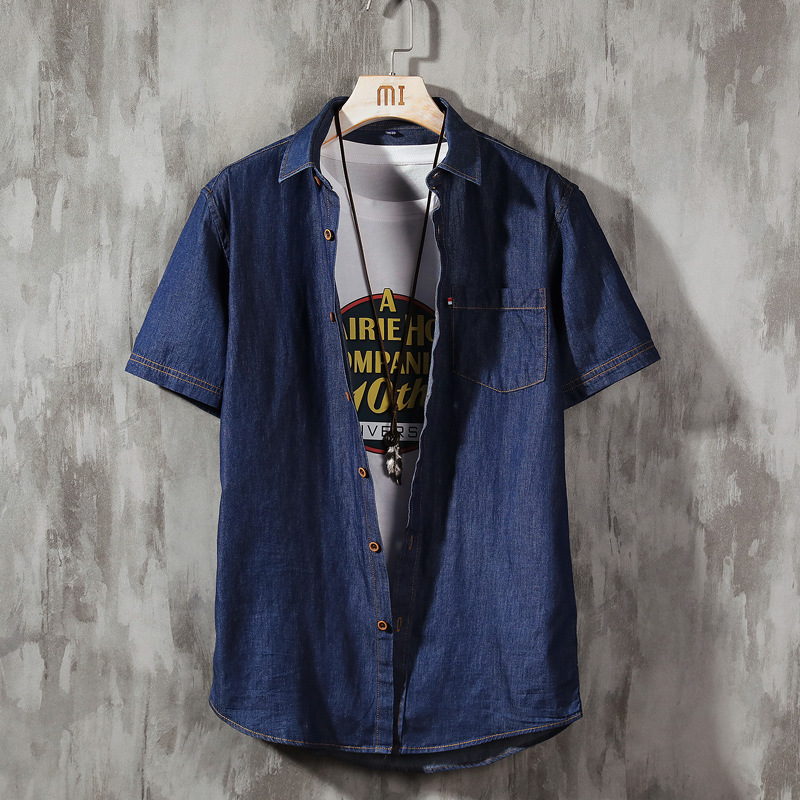 Denim Short-Sleeve Shirt for Young Men, Student Class Uniforms, School Uniforms, Team Uniforms, Slim-Fit Thin Shirt, Trendy and Versatile