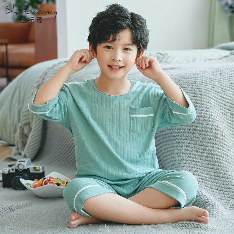 SHANGBAOMAI 여름 신작 어린이 잠옷 세트 소년 잠옷 에어컨 옷 소년 잠옷 중간 소매 7부 소매 얇은
