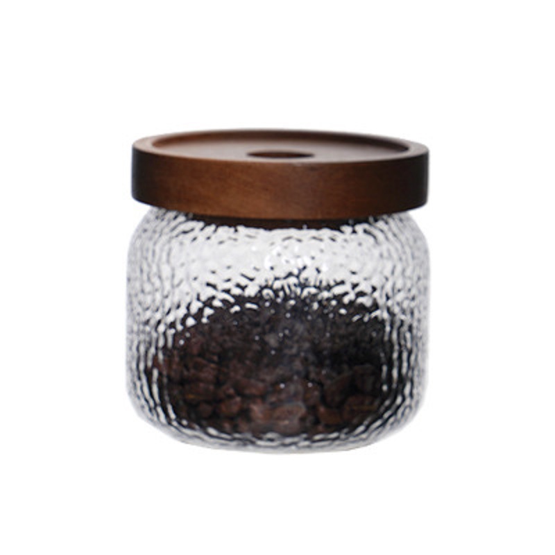 Fábrica al por mayor de madera de acacia tarro de almacenamiento transparente martillado de vidrio sellado tarro de té de vidrio tarro sellado de té