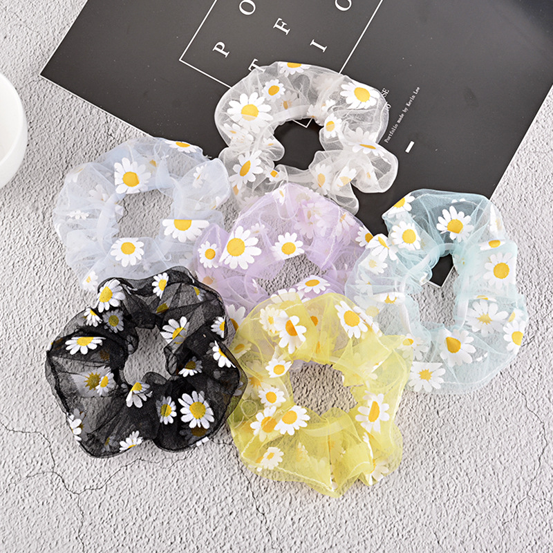 15g Weight Headwear Classification Festival Occasion Flower Pattern Women'S Gender Sky Blue, White, Pink, Purple, Green, Blue, Yellow, Black Color Korean Simple Mesh Daisy Hair Scrunchies 2