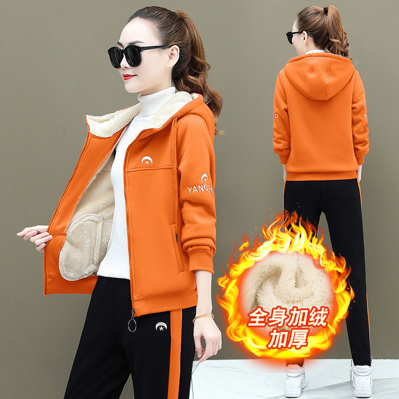 加绒加厚运动套装女2020秋冬新款时尚仿羊羔绒卫衣保暖冬装两件套|ms