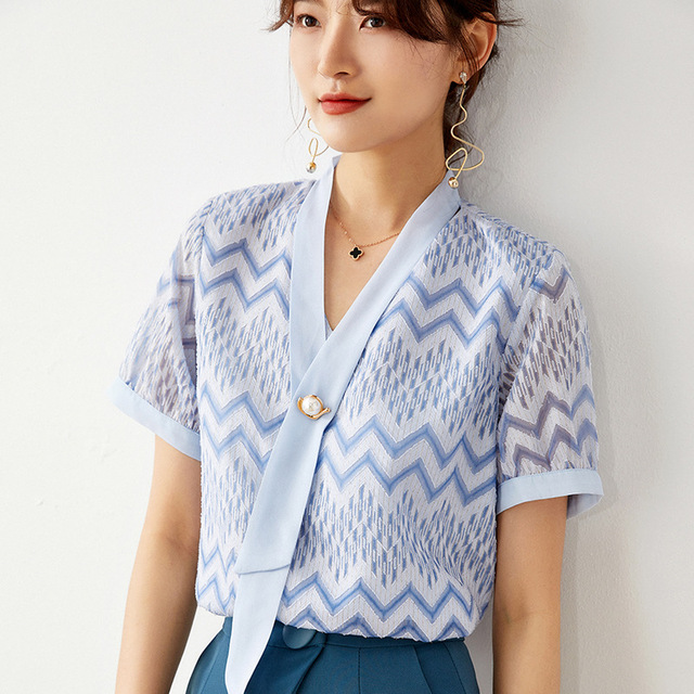 Summer fashion women’s gradually loose and thin ribbon short sleeve jacquard chiffon shirt women