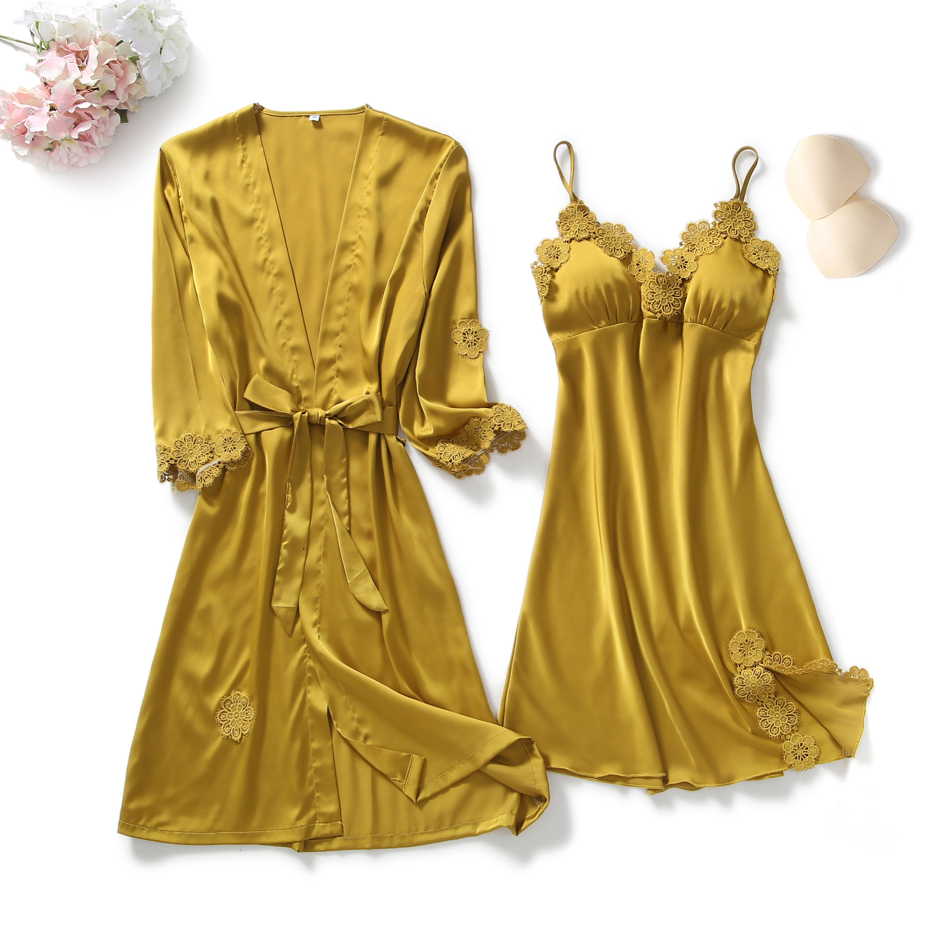 Imitation Silk Pajamas Women's Summer Sexy Sling Nightgown Two-piece Set with Chest Pad Gathered Nightgown Women's Satin Nightgown