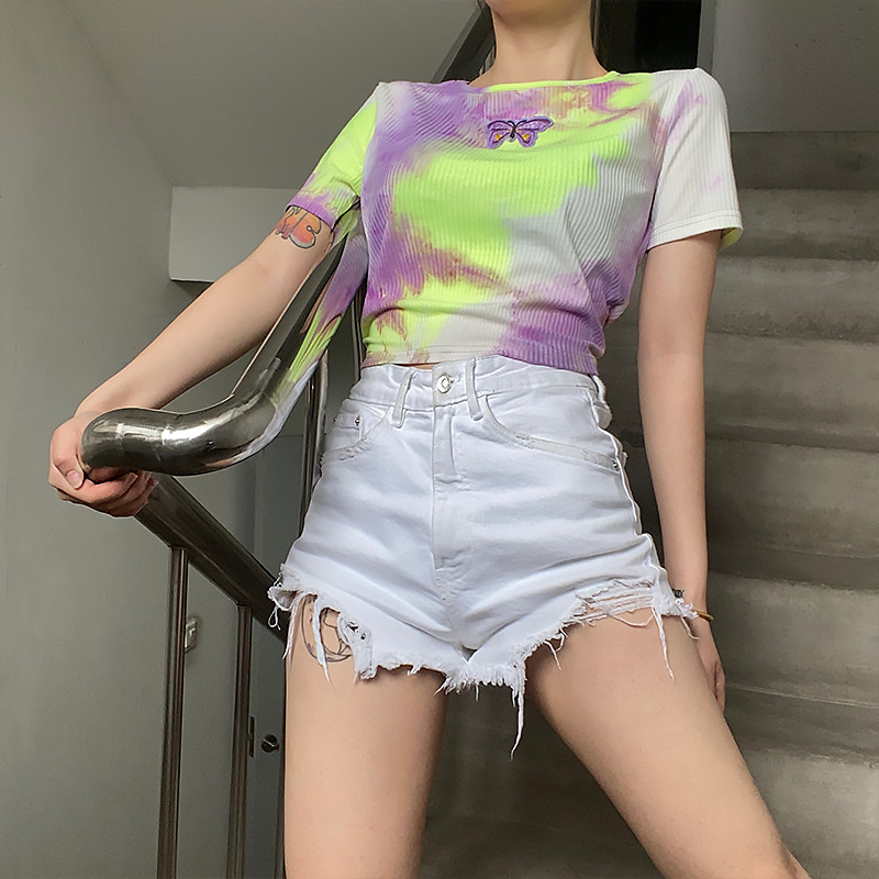 short-sleeved summer new butterfly round neck all-match slim tie-dye cropped T-shirt NSMEI55109