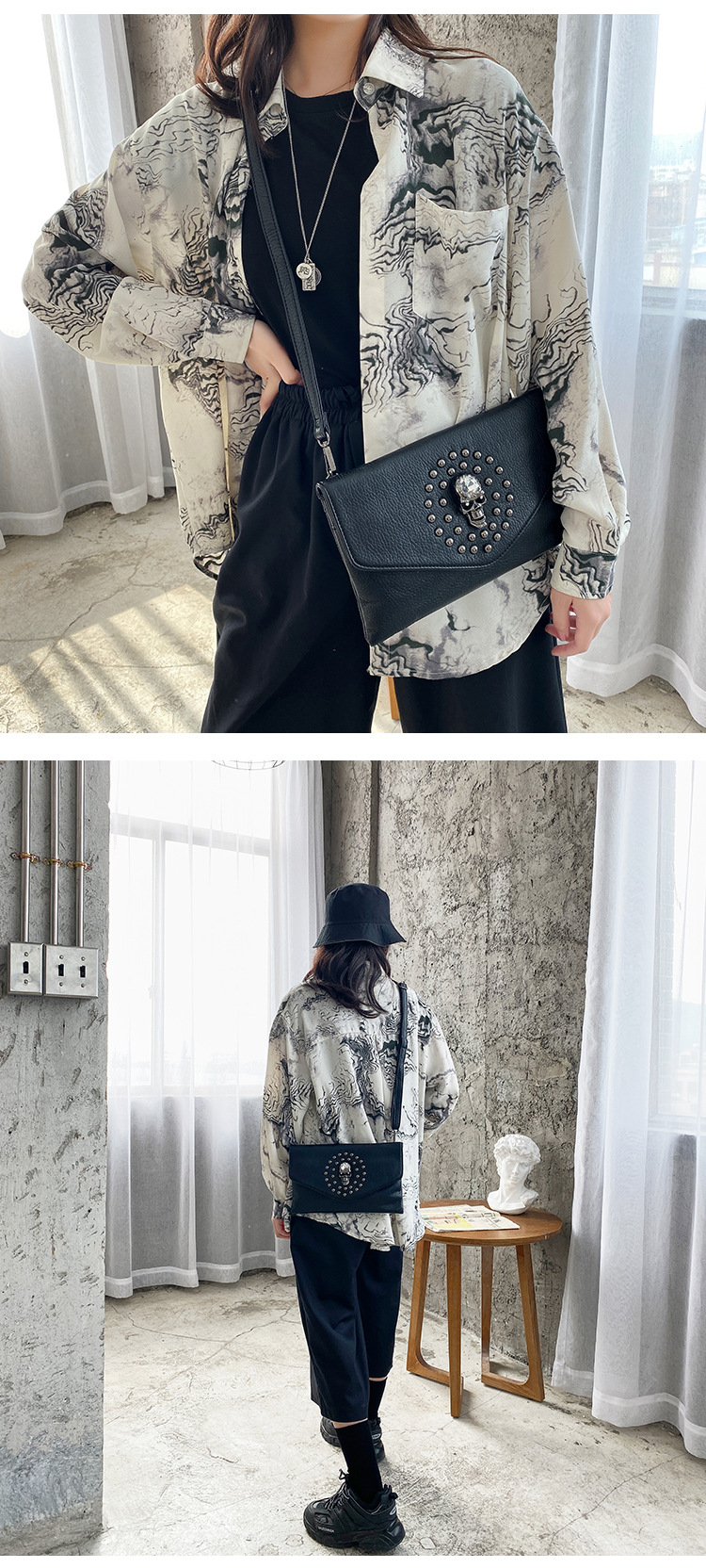 Schoudertas voor dames, punk stijl clutch met schedel decor_voghion.com
