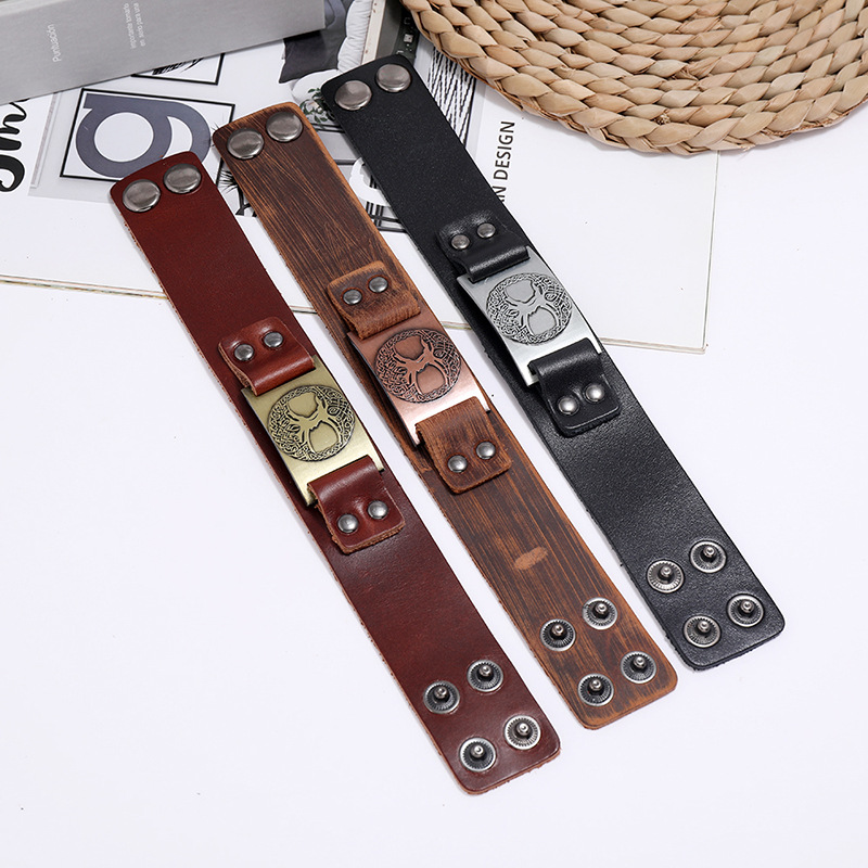 Viking Totem Lucky Tree Leather Retro Woven Punk Menu0027s Wide Leather Bracelet nihaojewelry