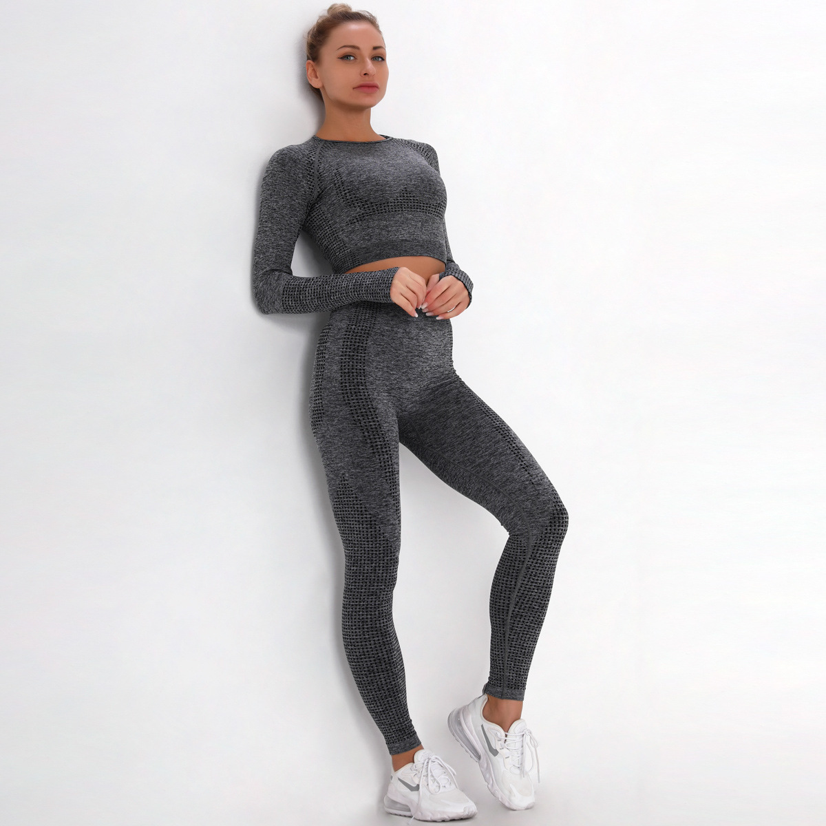seamless knitted tight-fitting dot jacquard sports suit  NSLX8995