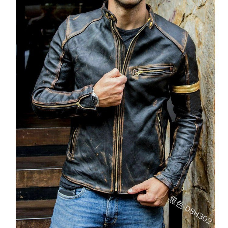 Autumn 2021 Men's Retro Leather Clothing Slim-Fit Vertical Collar Multi-Zip Youth Jacket Punk Biker Leather Jacket