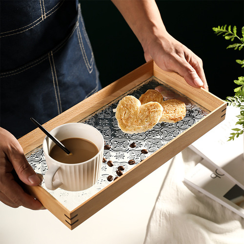 [Factory Direct Sales] Retro Hydrangea Glass Wooden Tray Tabletop Decorative Item Incense Tea Sea Storage Tea Plate 