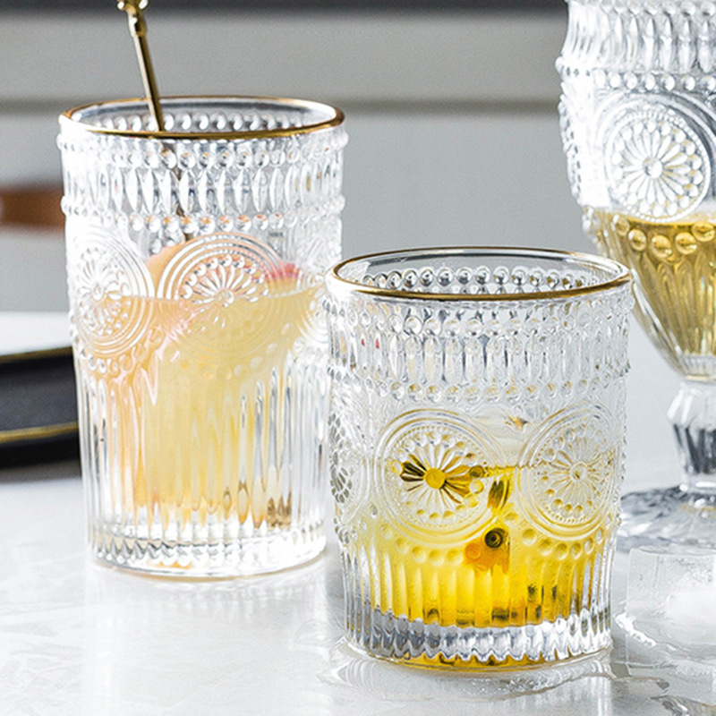 ins北欧复古浮雕玻璃杯洋酒杯圆形太阳花情侣杯加厚牛奶果汁杯子|ru