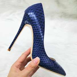 蓝色蛇纹花纹欧美细跟高跟尖头浅口单鞋女鞋大码12cm外贸漆皮女鞋