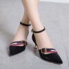 Women's middle heel shoes with color contrast one line buckle pointed side empty thin heel shoes