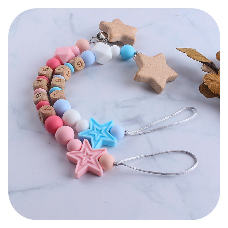 Creativo DIY bebé Haya estrella de cinco puntas chupete clip bebé nombre silicona estrella de cinco puntas chupete cadena