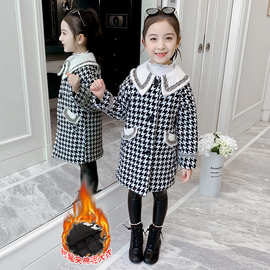童装2022冬季新款女童格子夹棉呢大衣韩版中长款儿童时尚外套批发