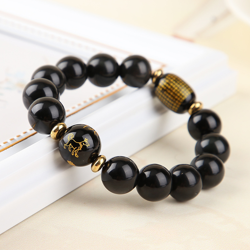 三合手链批发天然玛瑙雕刻生肖守护神黑曜石手串男士佛珠贵人心经|ru