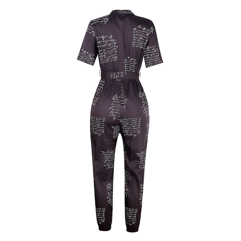 casual lapel multicolor printing belt overalls jumpsuit NSZH25129