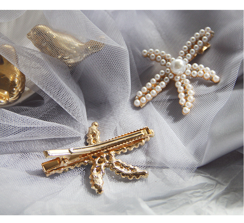 Inlay Design Fashion Style Fashion Starfish Metal Inlay Rhinestones Pearl Hair Clip 1 Piece