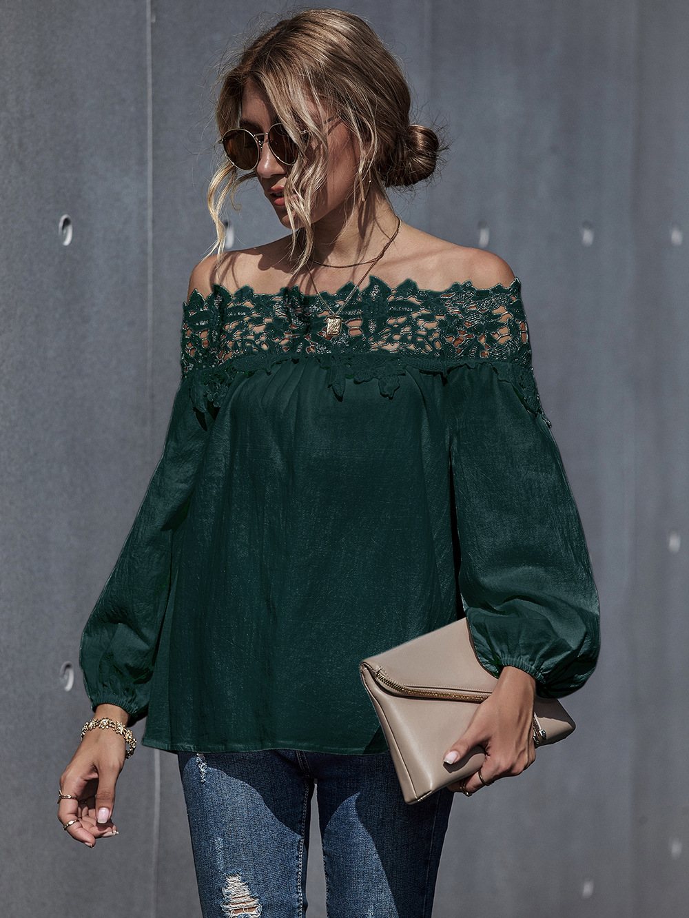 autumn and winter new women s lace stitching sexy one-shoulder puff sleeve blouse NSDF339