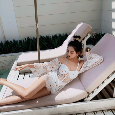 hot spring Swimsuit Conjoined Skirt sexy fairy summer Long sleeve Steel prop white Lace Swimwear the republic of korea ins