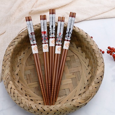厂家直销尖头防滑中国风国粹脸谱家用筷楠竹印花筷子5双装礼品筷
