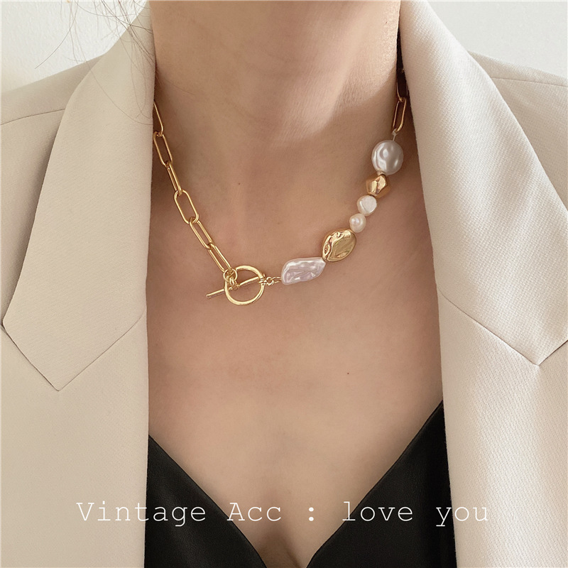 Korean retro geometric pearl necklace European and American pearl chain necklace Korean creative temperament pearl necklace