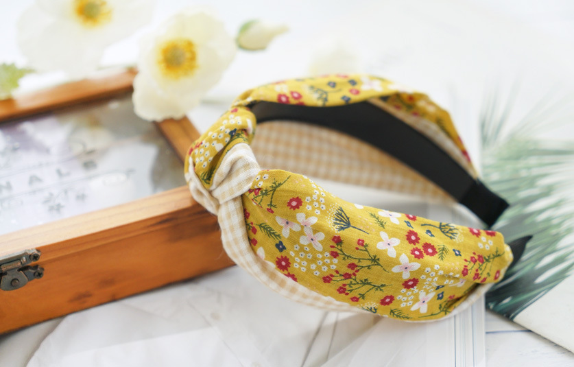 Korean Fashion Cute Floral Plaid Color Matching Wide-brimmed Fabric Knotted Headband display picture 6