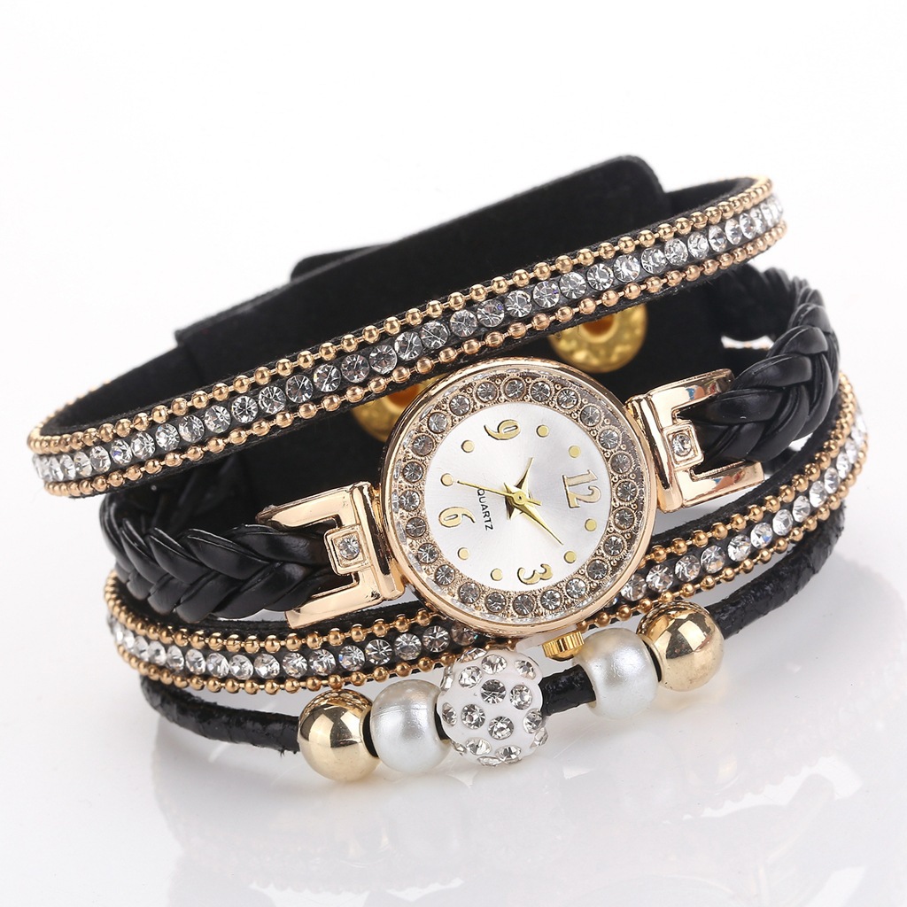 Mode Rundes Armband Diamant Besetzt Perlen Perlen Pu Gürteluhr display picture 7