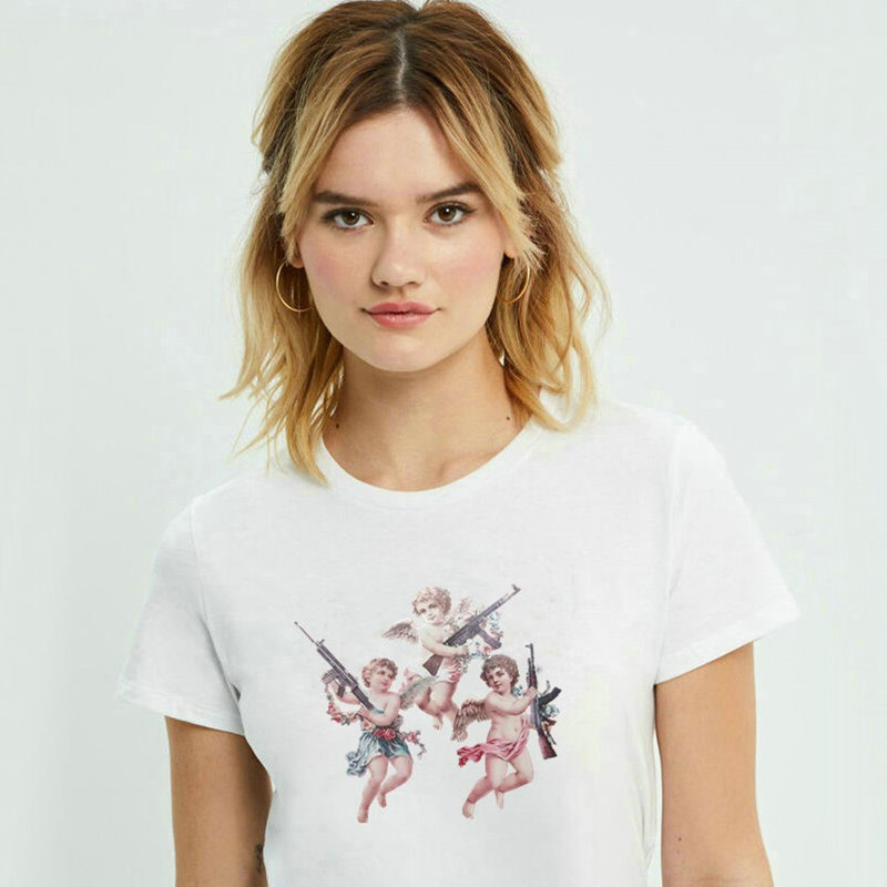 Camiseta recortada de manga corta con estampado de ángel NSOSY111528