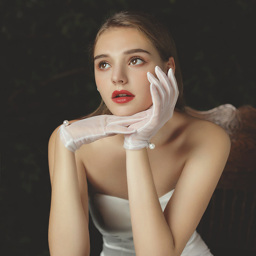 New bridal wedding dress gloves short tulle pearl white gloves