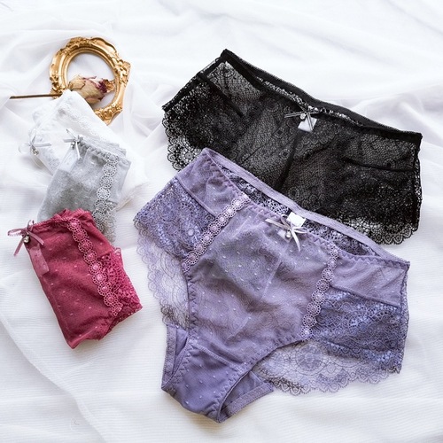 Summer new lace women's mid-waist thin underwear Japanese girls black hip-covering breathable women's briefs