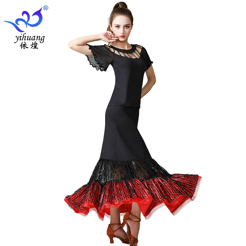 Костюм для бальных танцев Костюм современного танца Костюм для бальных танцев Большой качели Платье с коротким рукавом Танцевальный костюм