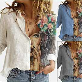 亚马逊外贸流行时尚女装宽松新款复古卡通数码印花长袖翻领衬衣